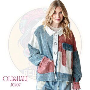 J0207 OLI & HALI Teal Colorblock Button Up Corduroy Cropped Jacket